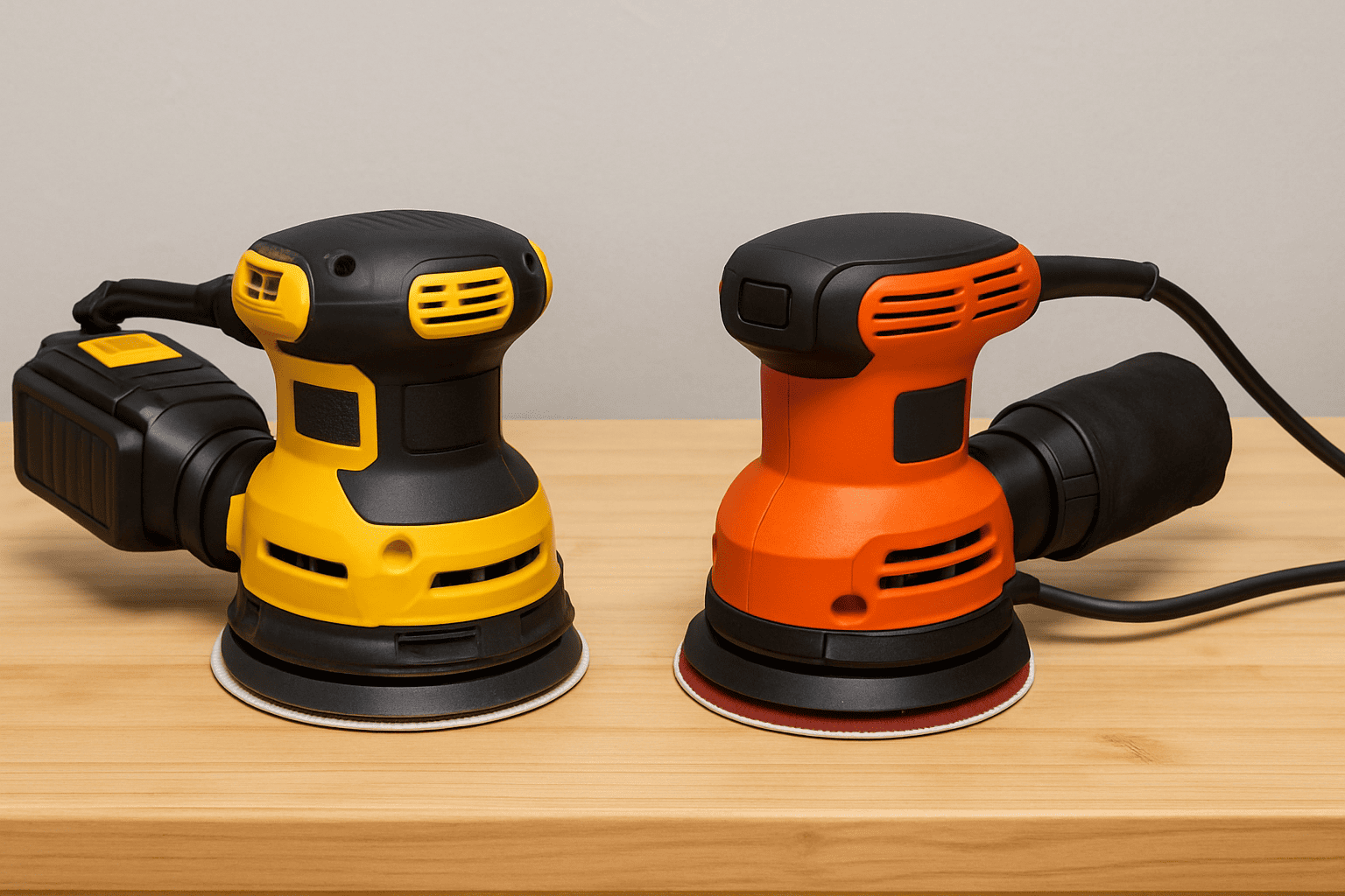 Comparison between portable battery-powered cordless sander and high-performance corded electric sander for different DIY woodworking applications