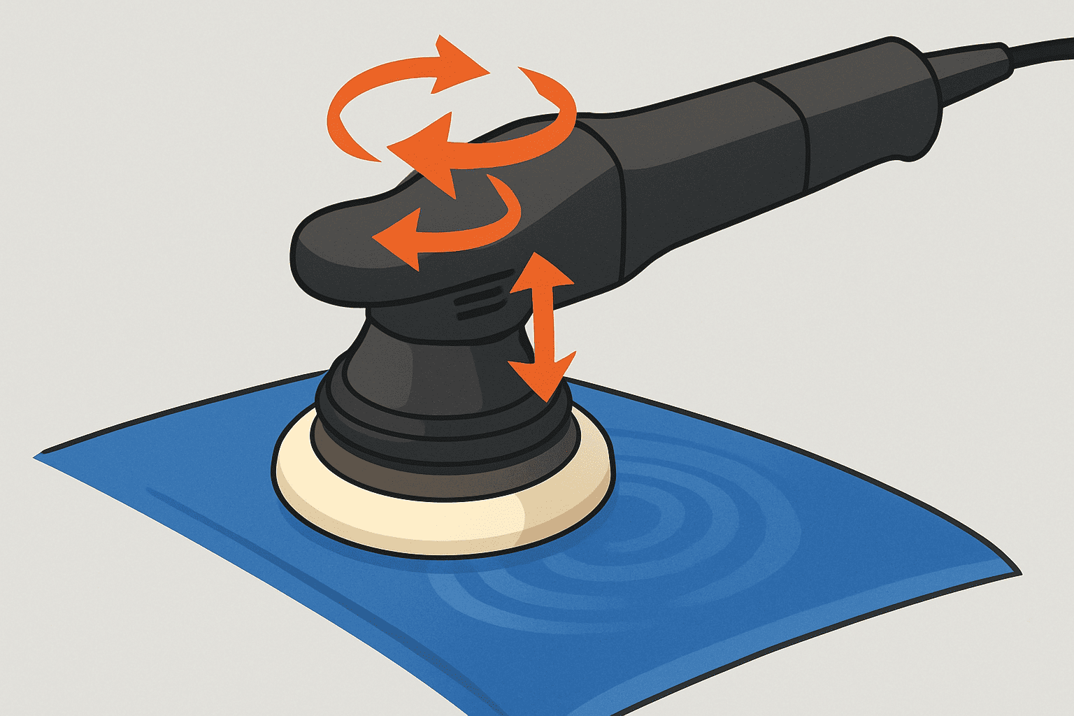 Dual action car polisher illustrating combined rotation and oscillation movement pattern for safe paint correction and finishing