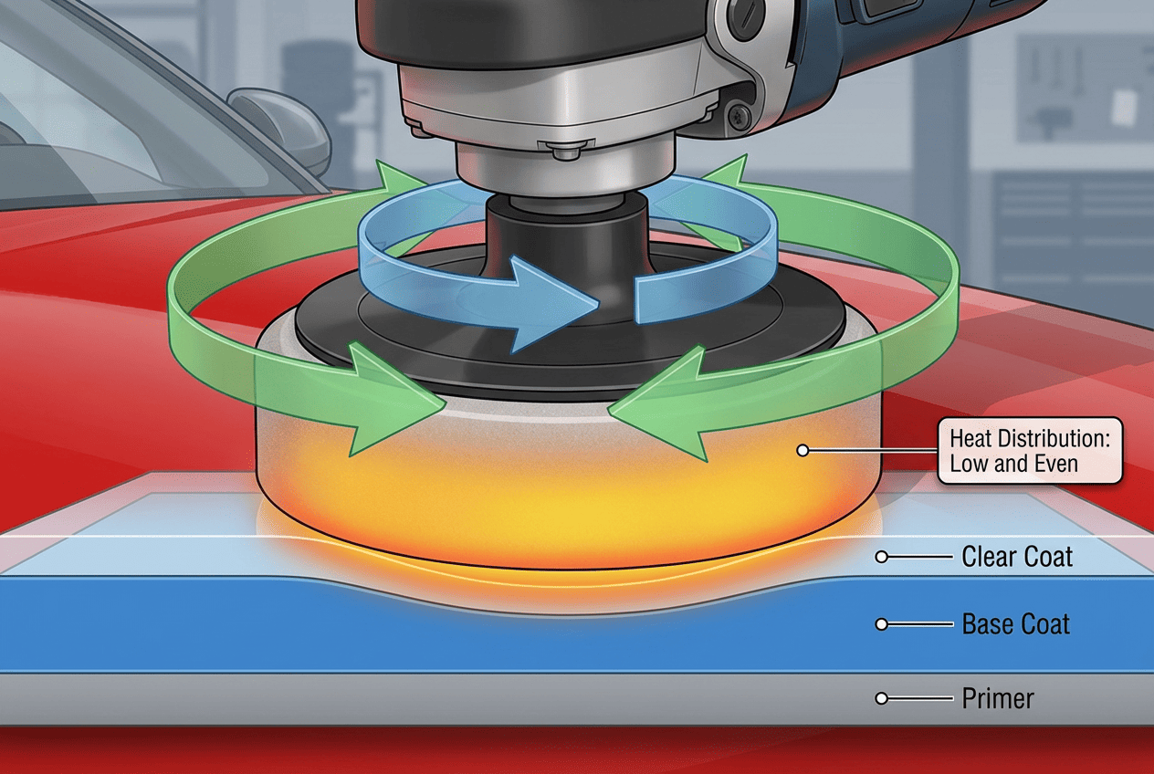 Dual-action polisher pad motion diagram showing orbital and spinning movement on car clear coat surface for safe paint correction