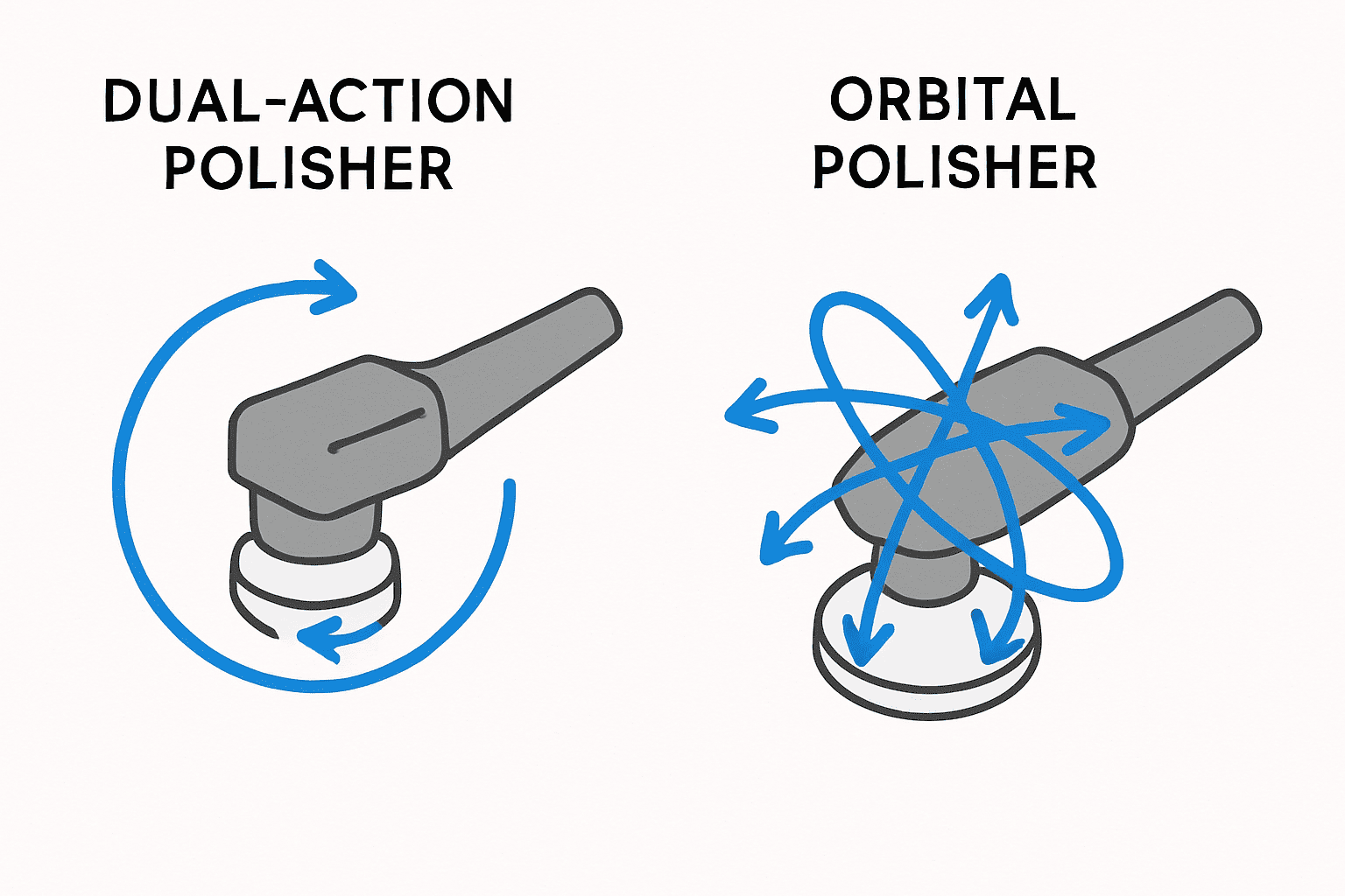 Comparison between dual-action polisher's combined rotation and oscillation versus orbital polisher's random movement pattern for automotive paint finishing