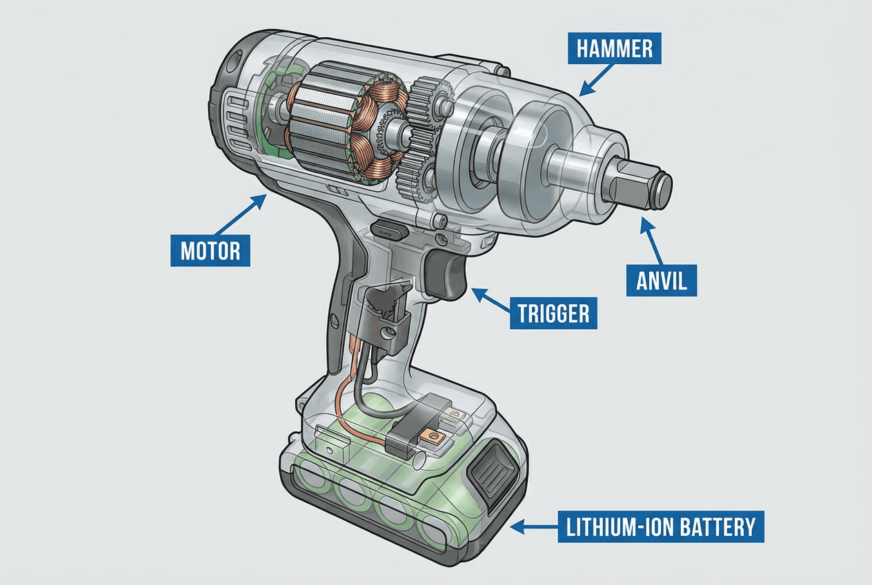 Cutaway diagram of electric impact wrench showing internal hammer-and-anvil mechanism, motor, and battery components