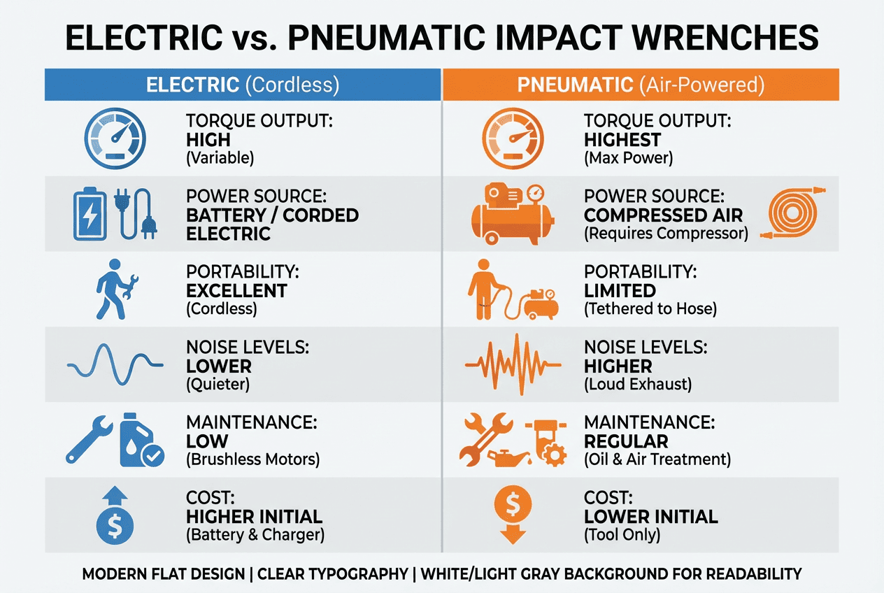  Infographic comparing electric and pneumatic impact wrench differences in torque, portability, noise, maintenance, and cost