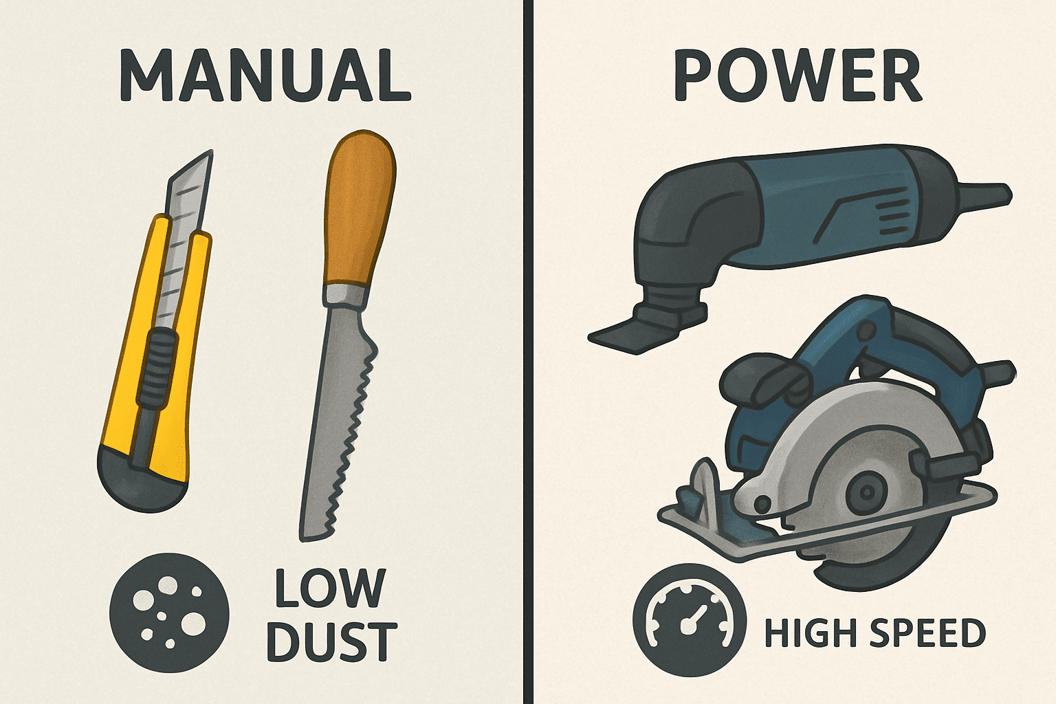 Comparison between low-dust manual drywall cutting methods and high-speed power tools for different gypsum board installation requirements