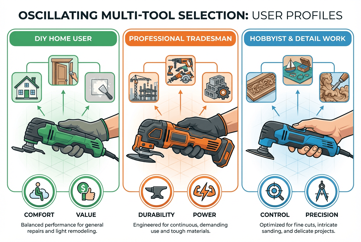 Oscillating multi-tool buyer guide infographic showing recommended tools for DIY home users, professional tradesmen, and detail-oriented hobbyists