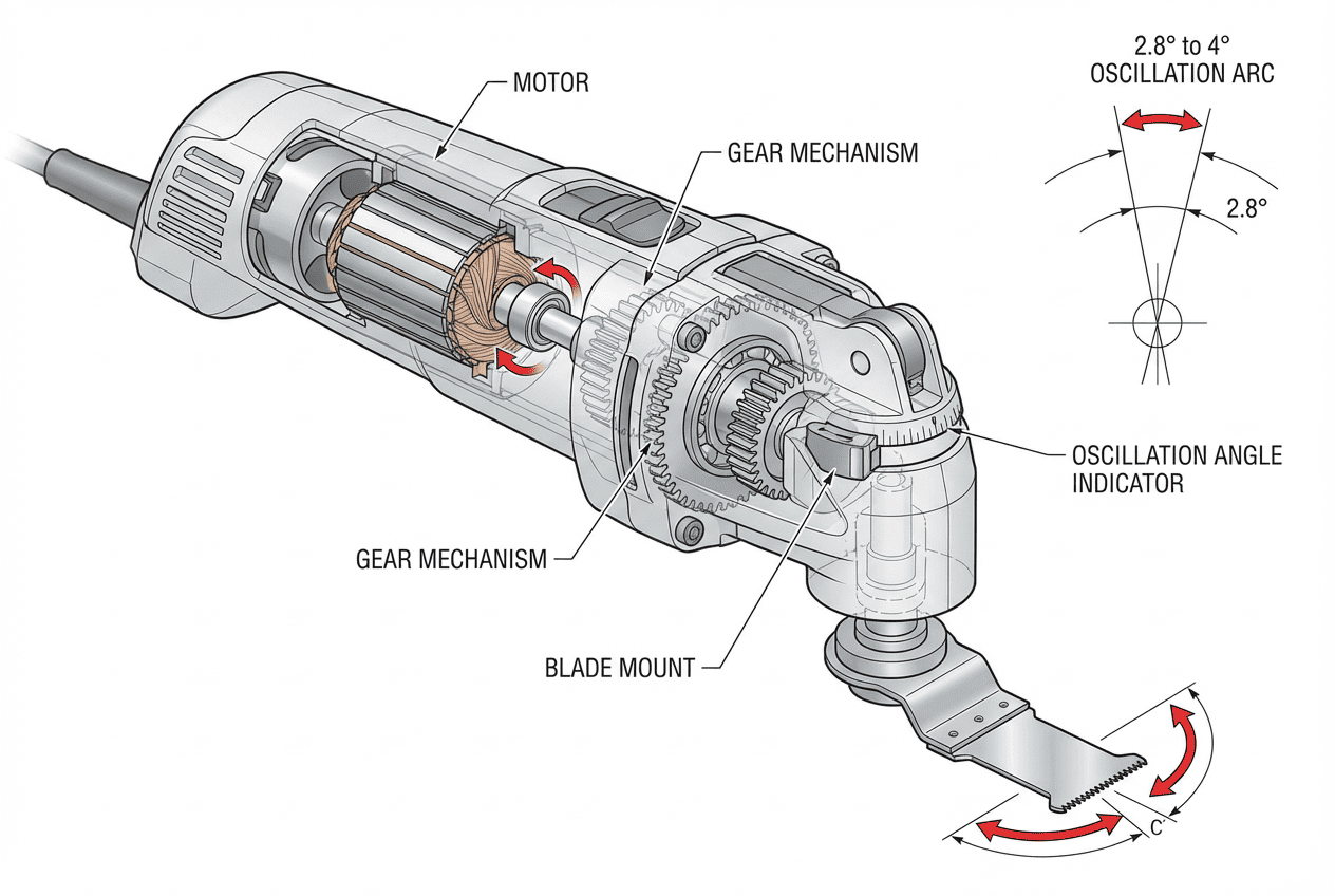 Cutaway diagram of oscillating multi-tool showing internal motor, gear mechanism, and oscillation angle movement pattern