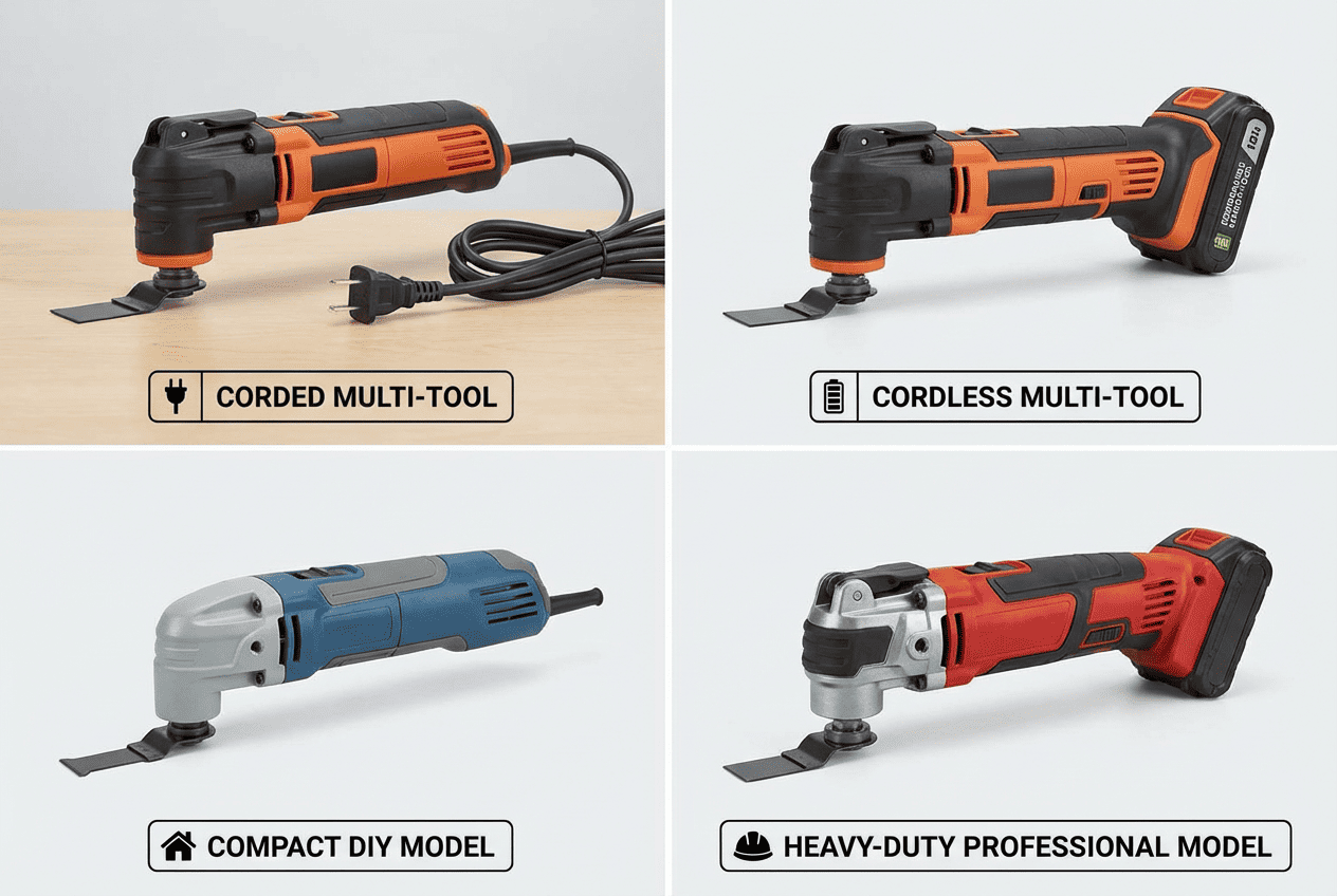 Four types of oscillating multi-tools compared: corded, cordless, compact DIY model, and heavy-duty professional model