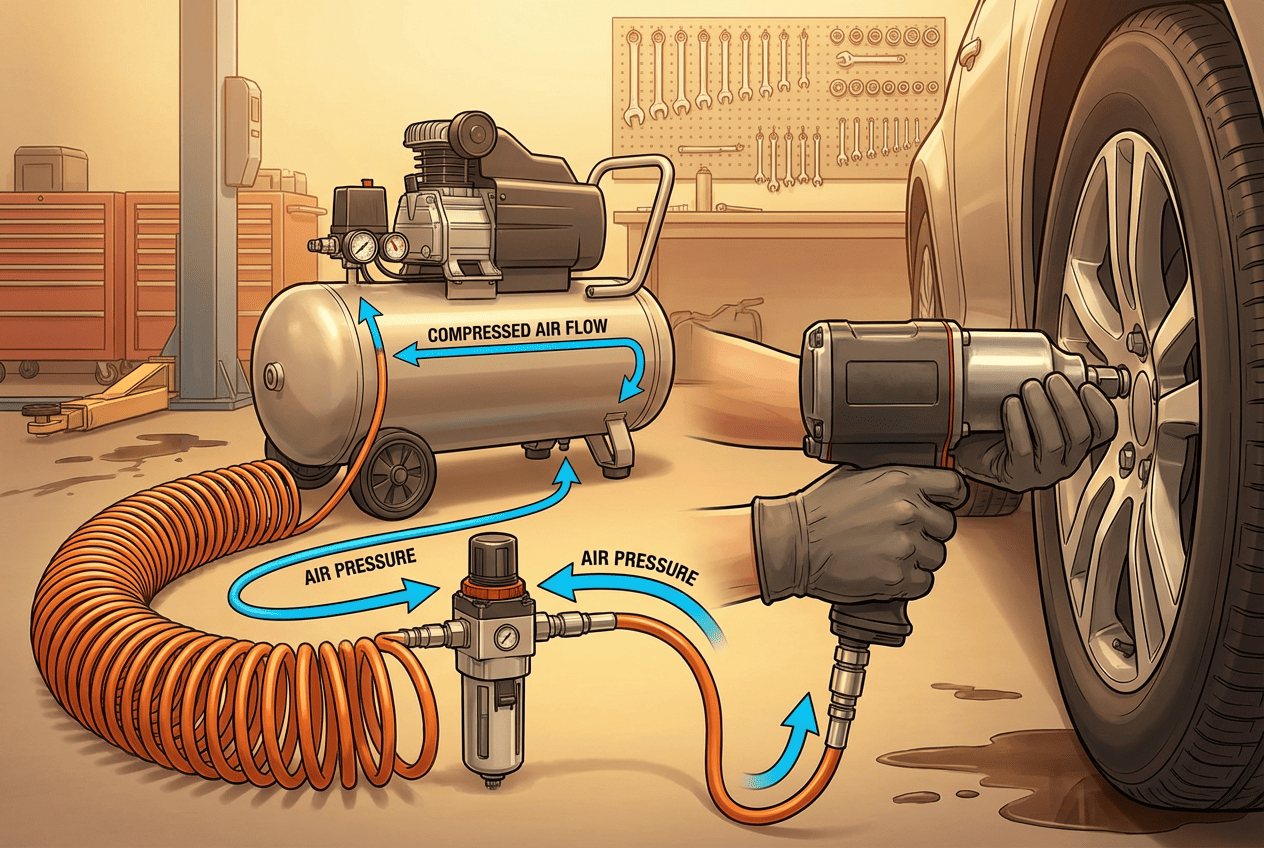 Complete pneumatic impact wrench setup showing air compressor, hose connection, and wrench being used for automotive tire removal