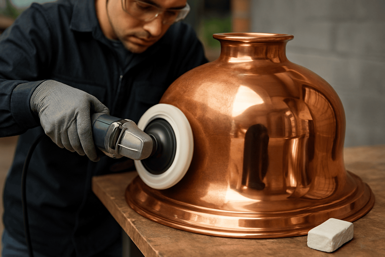 Electric rotary buffer polishing large copper fixture showing professional power tool method for restoring tarnished copper surfaces
