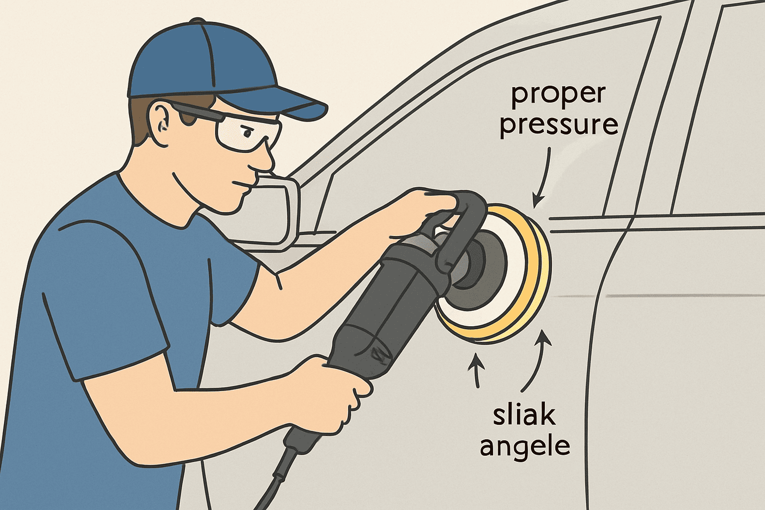 Proper dual-action car polisher technique demonstration showing correct grip, angle and pressure for achieving professional paint correction results