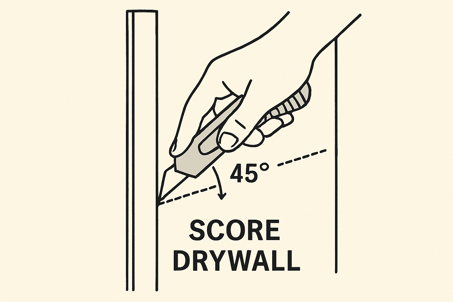 Proper technique for scoring drywall with utility knife at 45-degree angle using straight edge guide for clean cuts