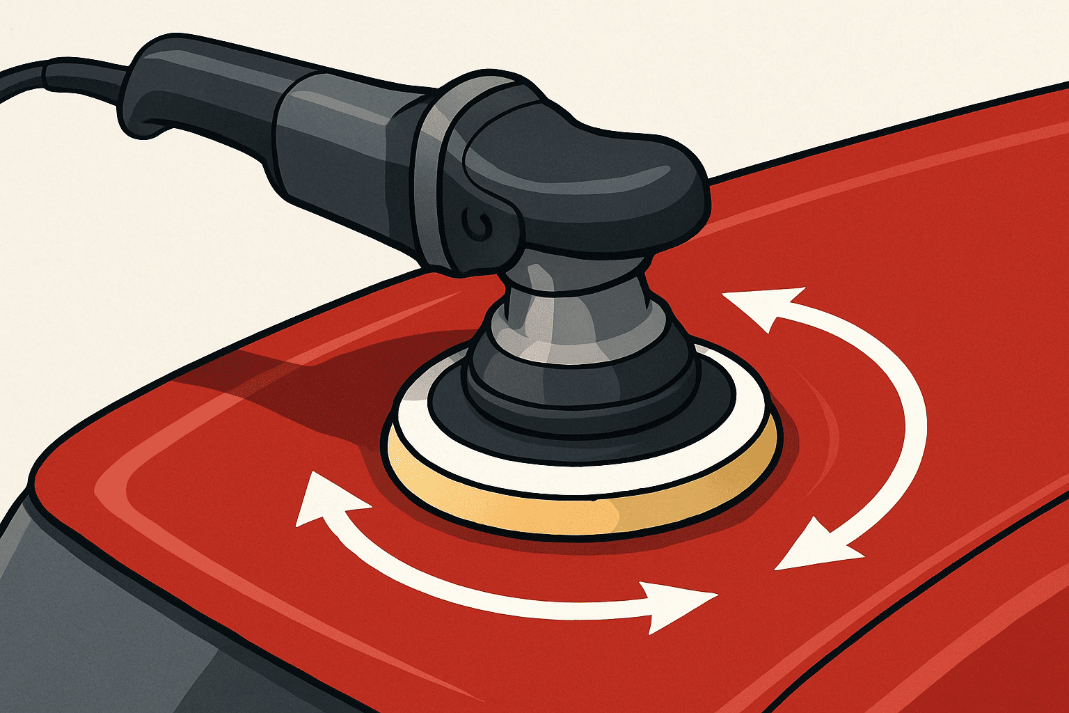 Professional rotary polisher demonstrating single-direction circular motion pattern for aggressive paint correction on automotive surface