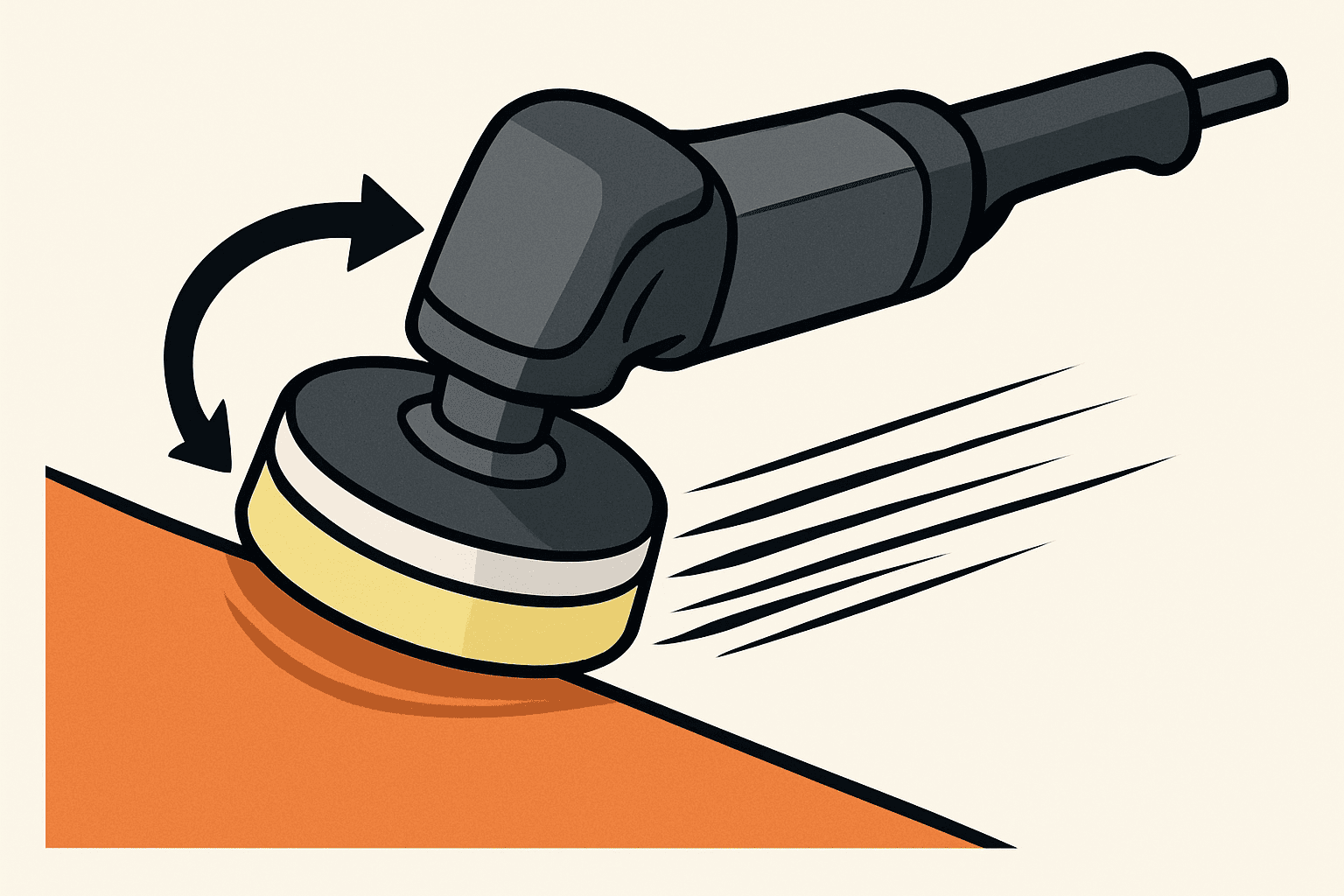 Rotary car polisher single-direction circular motion pattern diagram showing aggressive cutting action for professional paint correction