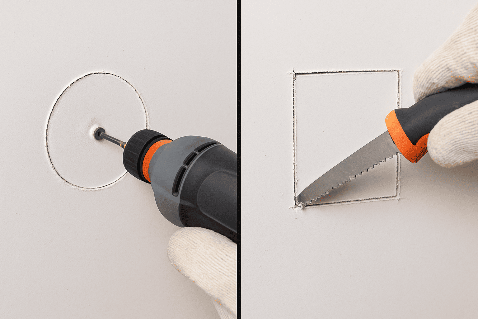 Comparison of rotary drywall cutter creating precise circular outlet holes versus jab saw cutting square openings in gypsum board