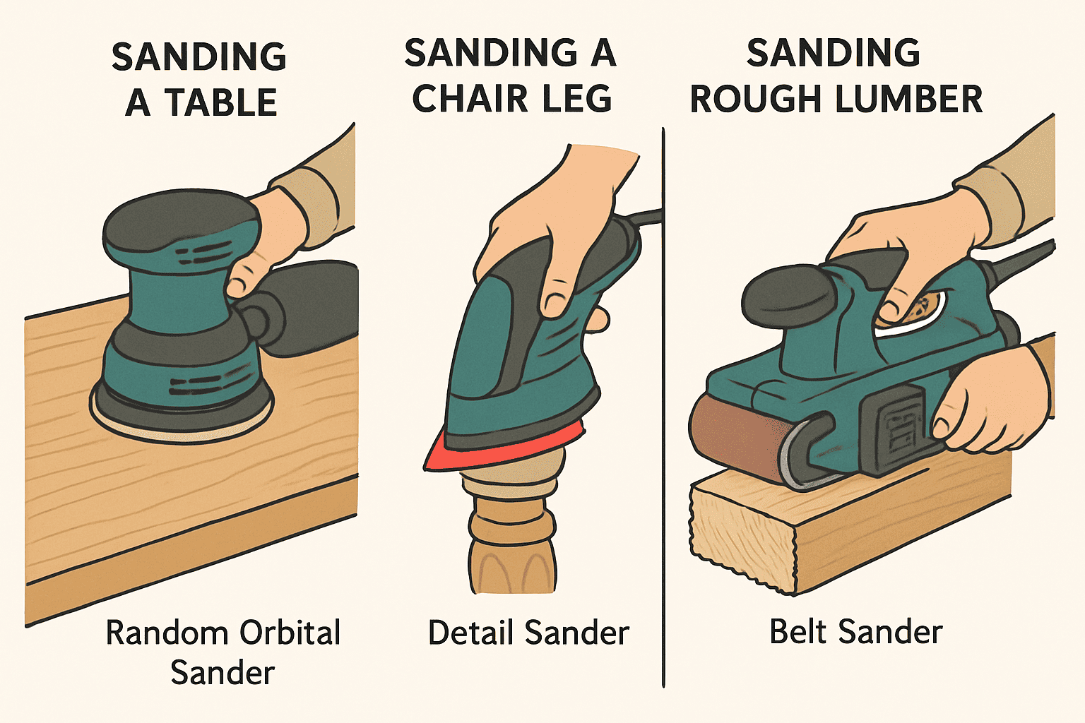 Specialized sanders matched to different woodworking tasks: random orbital for table surfaces, detail sander for furniture carvings, and belt sander for rough stock removal