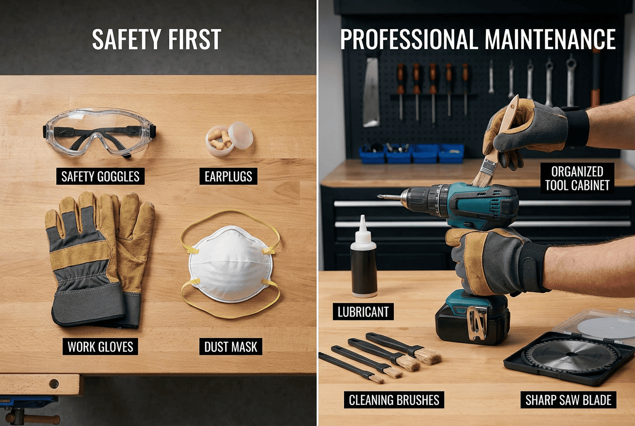 Woodworking power tools safety gear and maintenance essentials including goggles, ear protection, gloves, lubricant, and cleaning brushes
