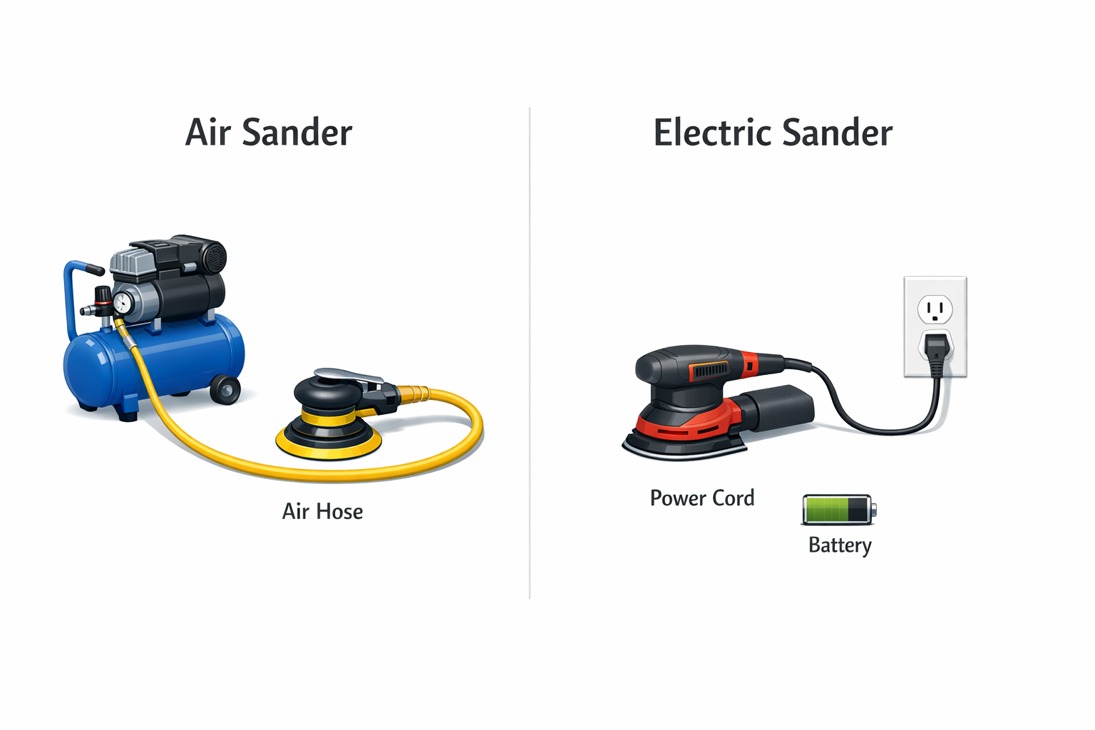 How an air sander works vs an electric sander showing compressor hose and power cord or battery
