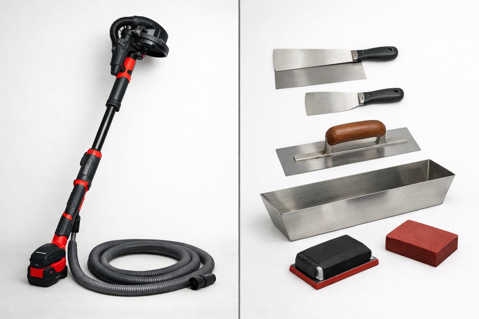 Air-powered vs electric DA sander comparison showing pneumatic hose and electric cord for auto body sanding