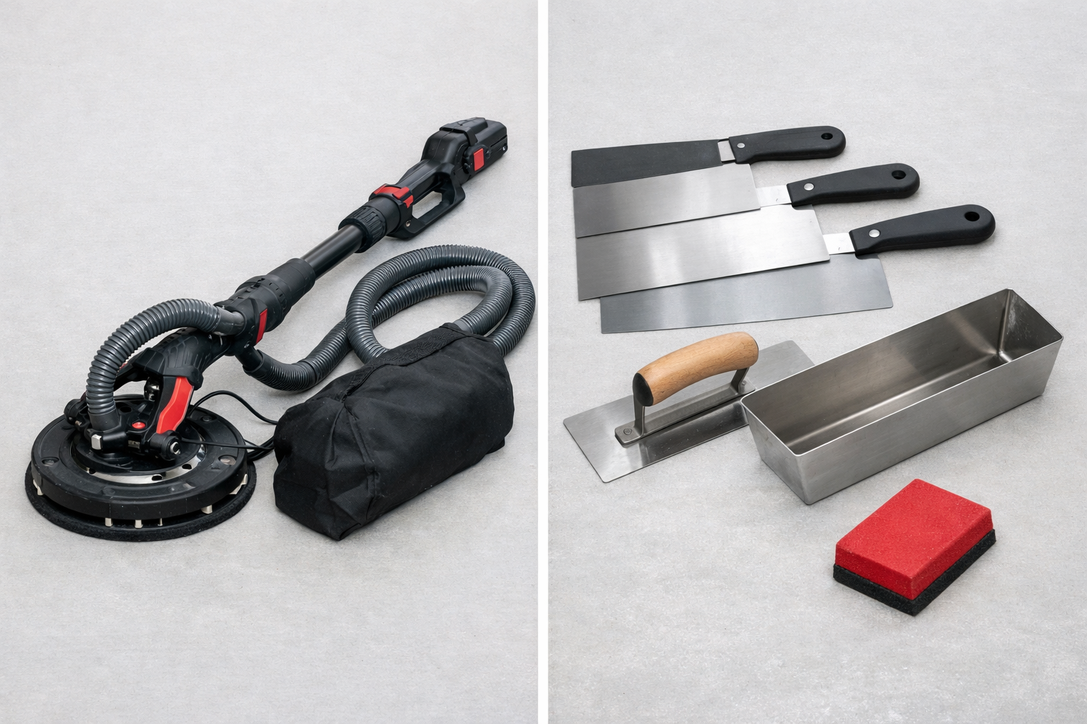 Drywall power tools vs hand tools comparison showing cordless drywall sander and finishing knives