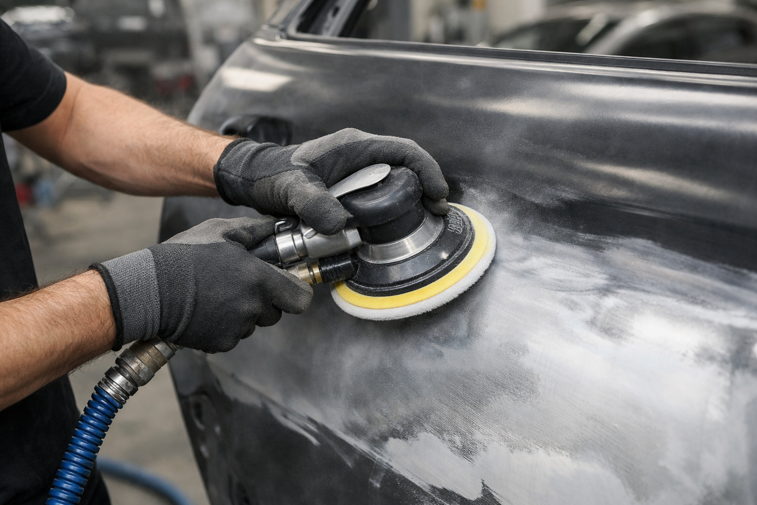 Pneumatic DA sander used on a large car panel during long sanding sessions with cooler operation