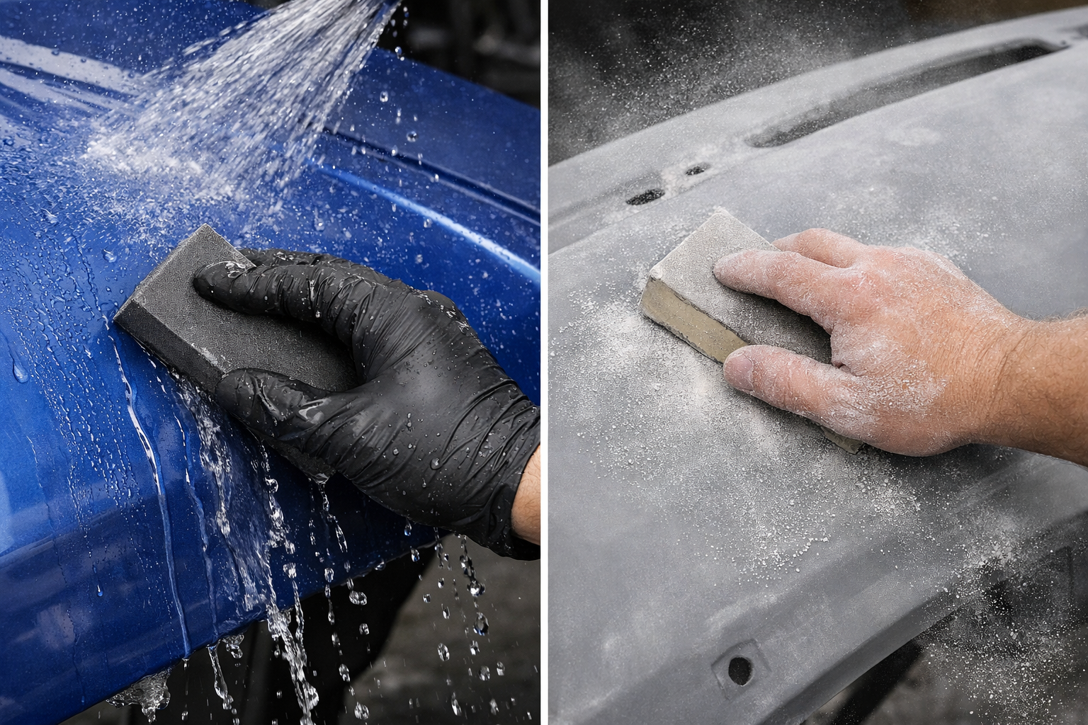 Wet sanding vs dry sanding comparison on car paint surface showing dust reduction and smoother finish