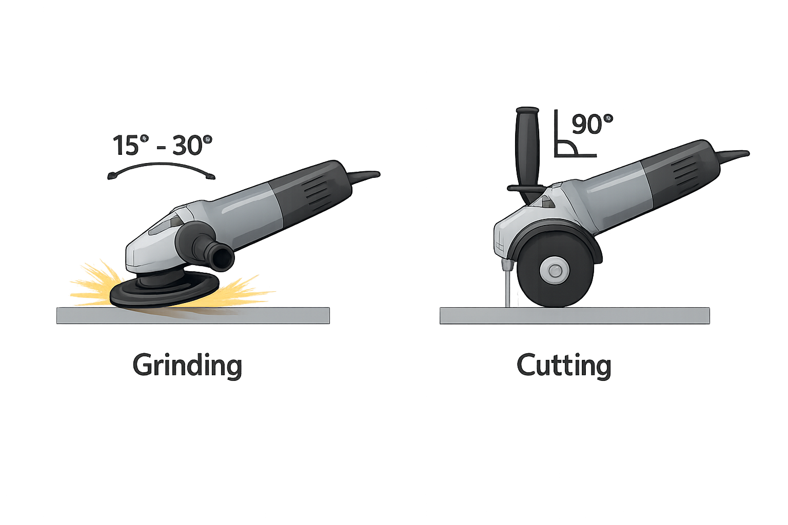 Correct angle grinder technique diagram showing 15–30° grinding angle and 90° cutting angle