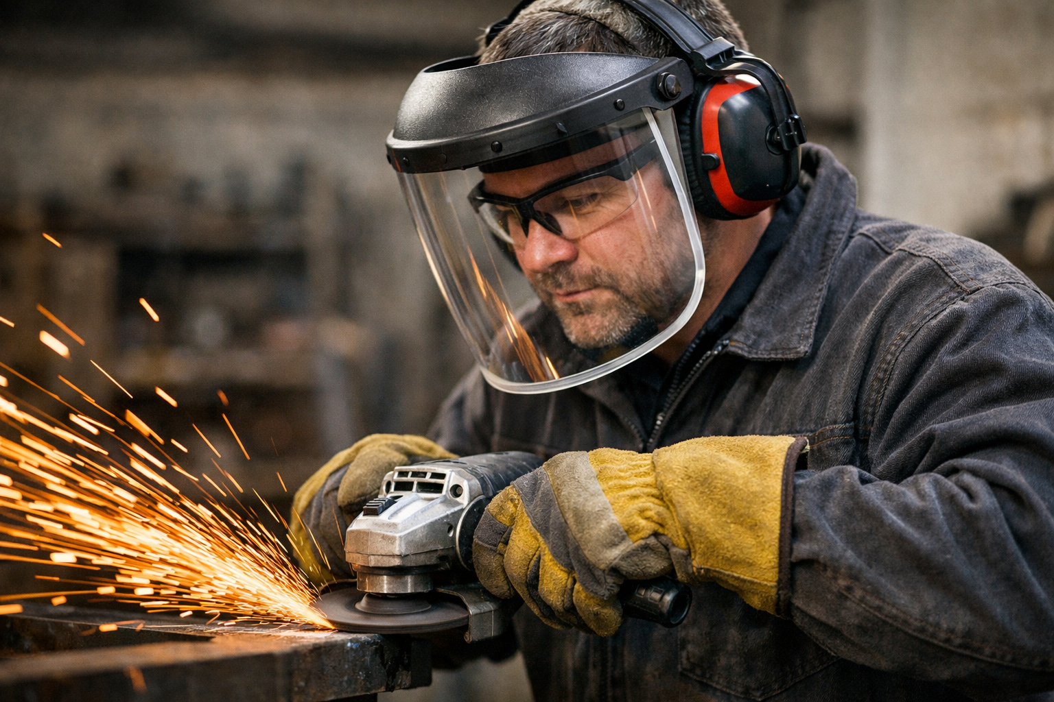 Angle grinder PPE: safety glasses, face shield, hearing protection, and heavy-duty gloves for debris and spark protection