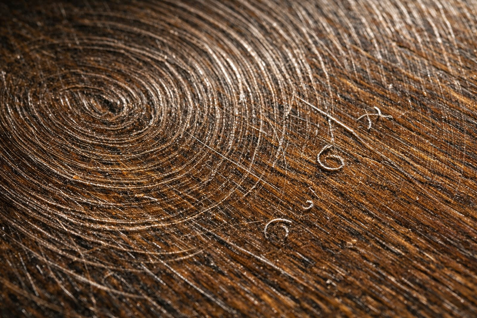 Close-up of swirl marks and sanding pigtails on a wood surface caused by debris under a random orbital sander pad