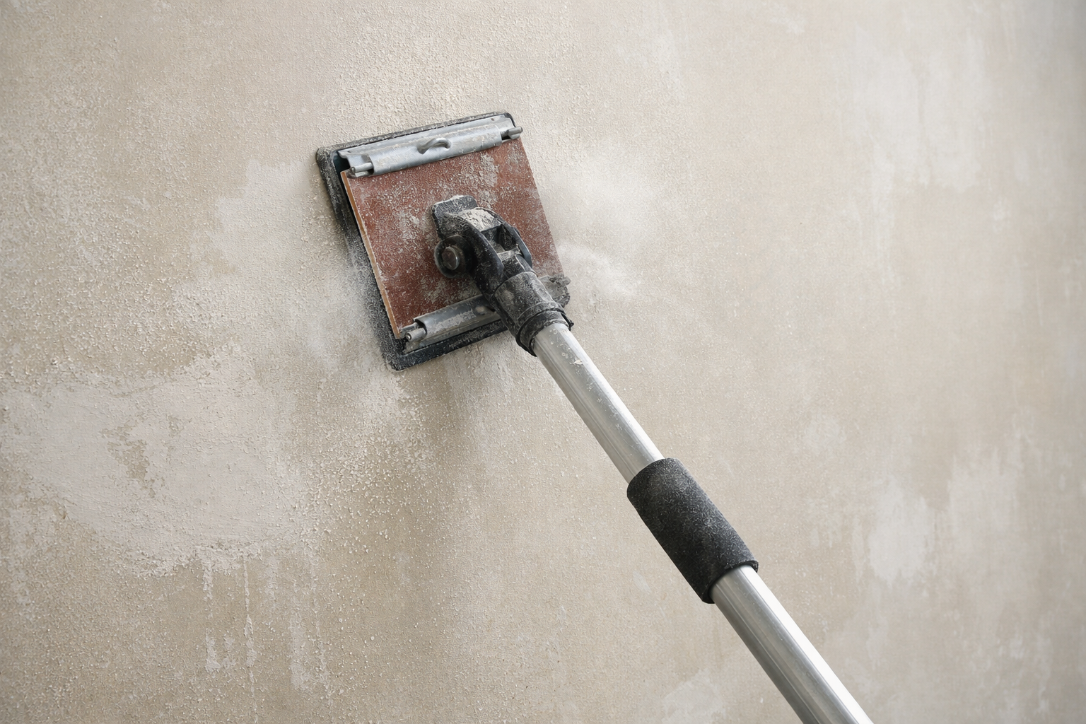 Papel de lija para paneles de yeso en una lijadora de mango largo para alisar una gran superficie de pared y nivelar la masilla para juntas seca.