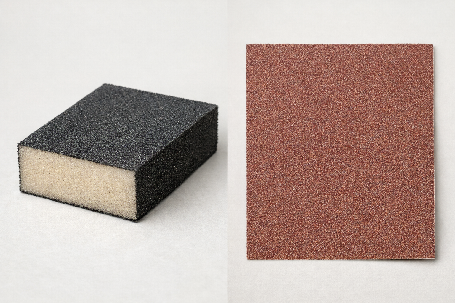 Esponja de lijado para paneles de yeso y papel de lija para paneles de yeso, una al lado de la otra, mostrando la esponja flexible frente al papel abrasivo rígido.