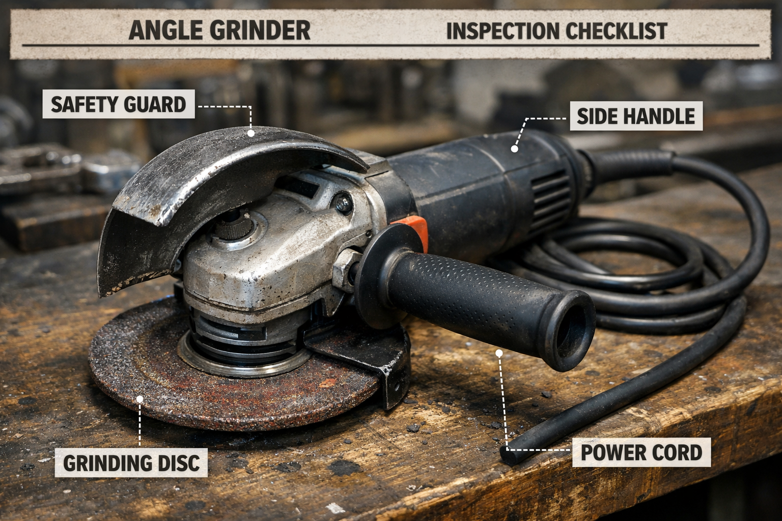 Pre-use angle grinder inspection showing guard position, side handle, power cord condition, and disc check