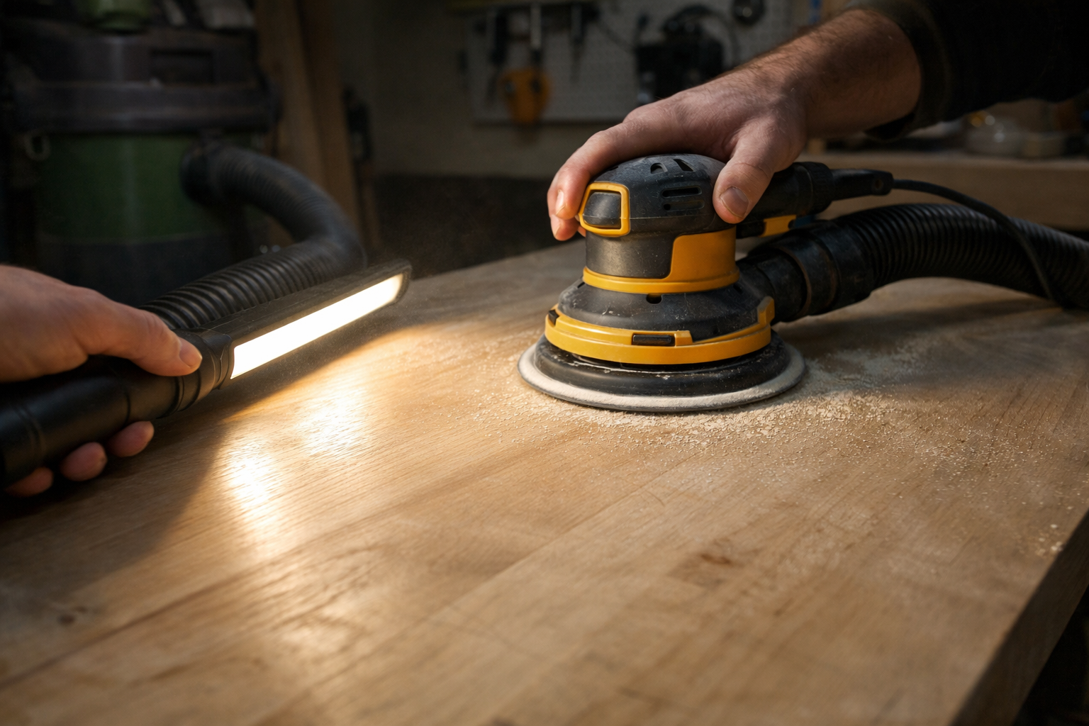Orbital sander dust extraction with vacuum and raking light inspection to spot swirl marks before finishing
