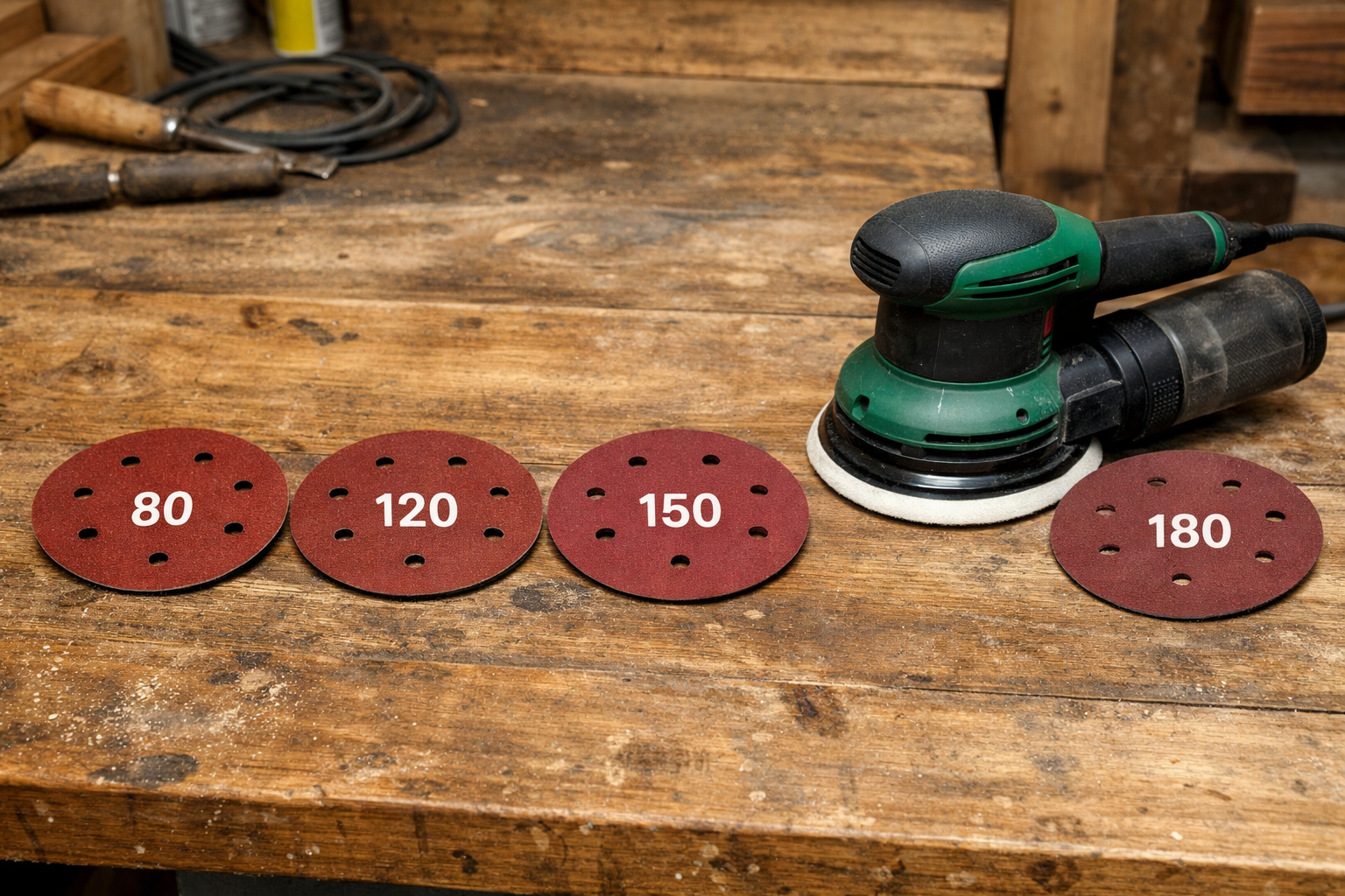 Proper orbital sander grit progression with sanding discs 80, 120, 150, and 180 to prevent swirl marks