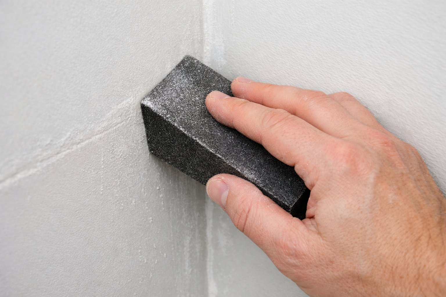 Utilizar una esponja de lijado para paneles de yeso para alisar una esquina interior y los bordes para un acabado más limpio.