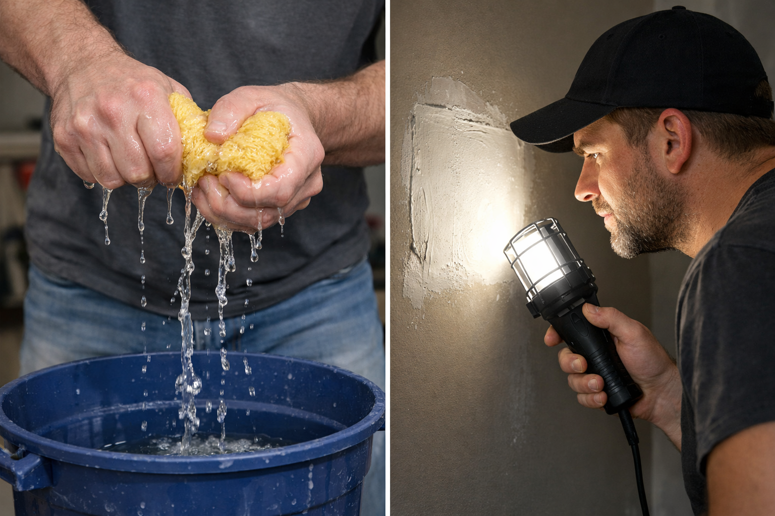 Proceso de lijado en húmedo: escurra la esponja húmeda e inspeccione el parche de paneles de yeso con una luz angular para detectar crestas antes de imprimar.