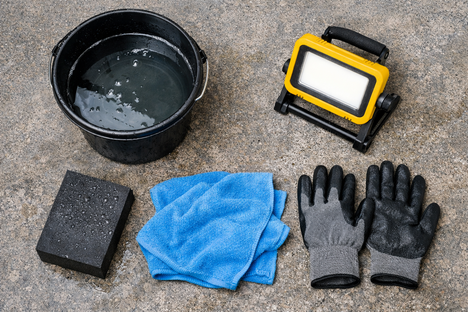 Herramientas para lijar paneles de yeso en húmedo: esponja de lijado, cubo de agua, paño de microfibra, luz de trabajo y guantes.