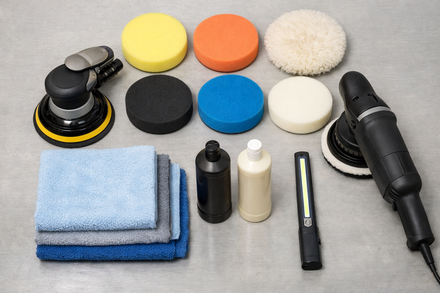 Automotive refinishing tools checklist layout with dual action sander random orbital polisher foam and wool pads compounds and LED inspection light