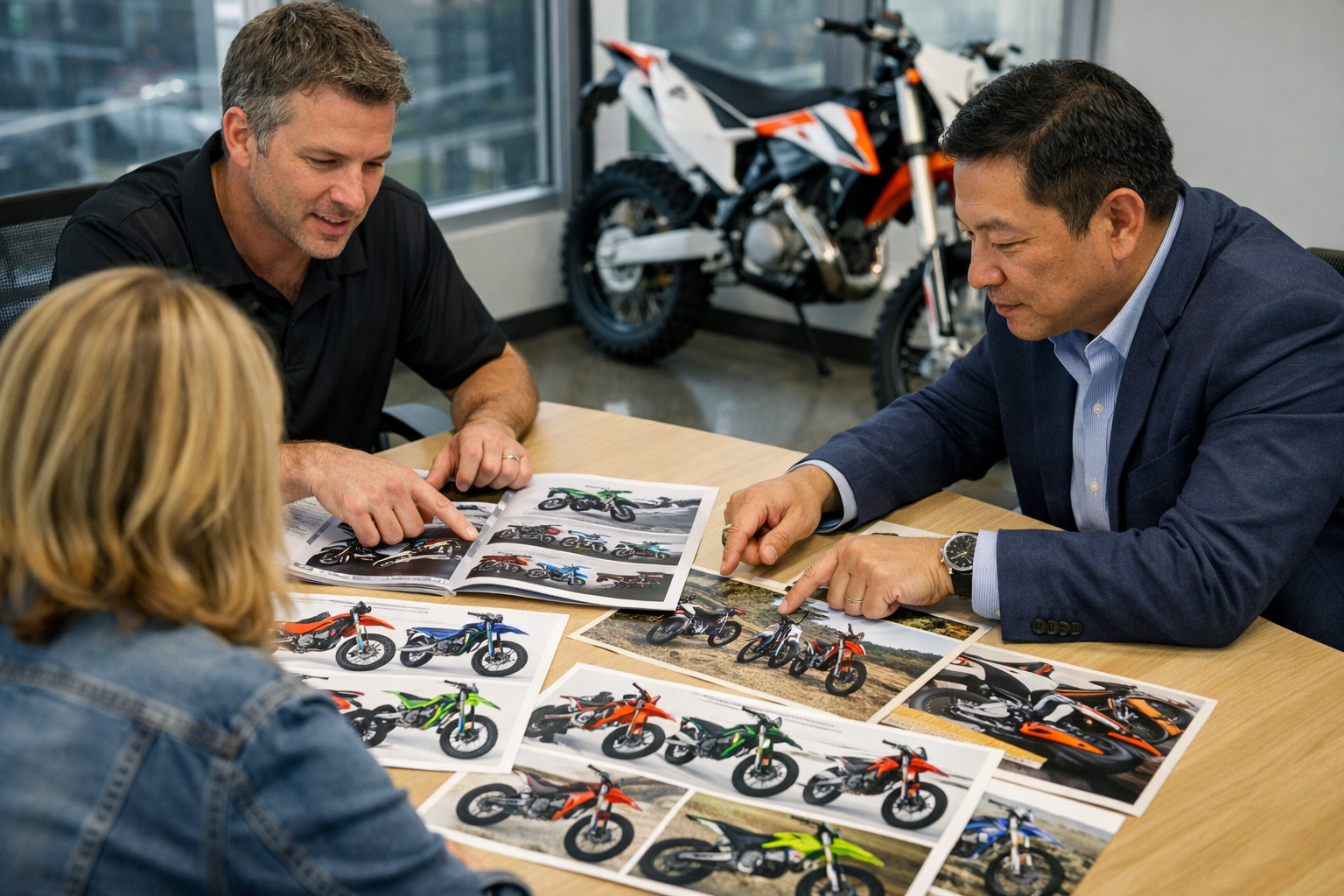 B2B dealer meeting with a dirt bike manufacturer reviewing private label branding options and wholesale price lists side by side