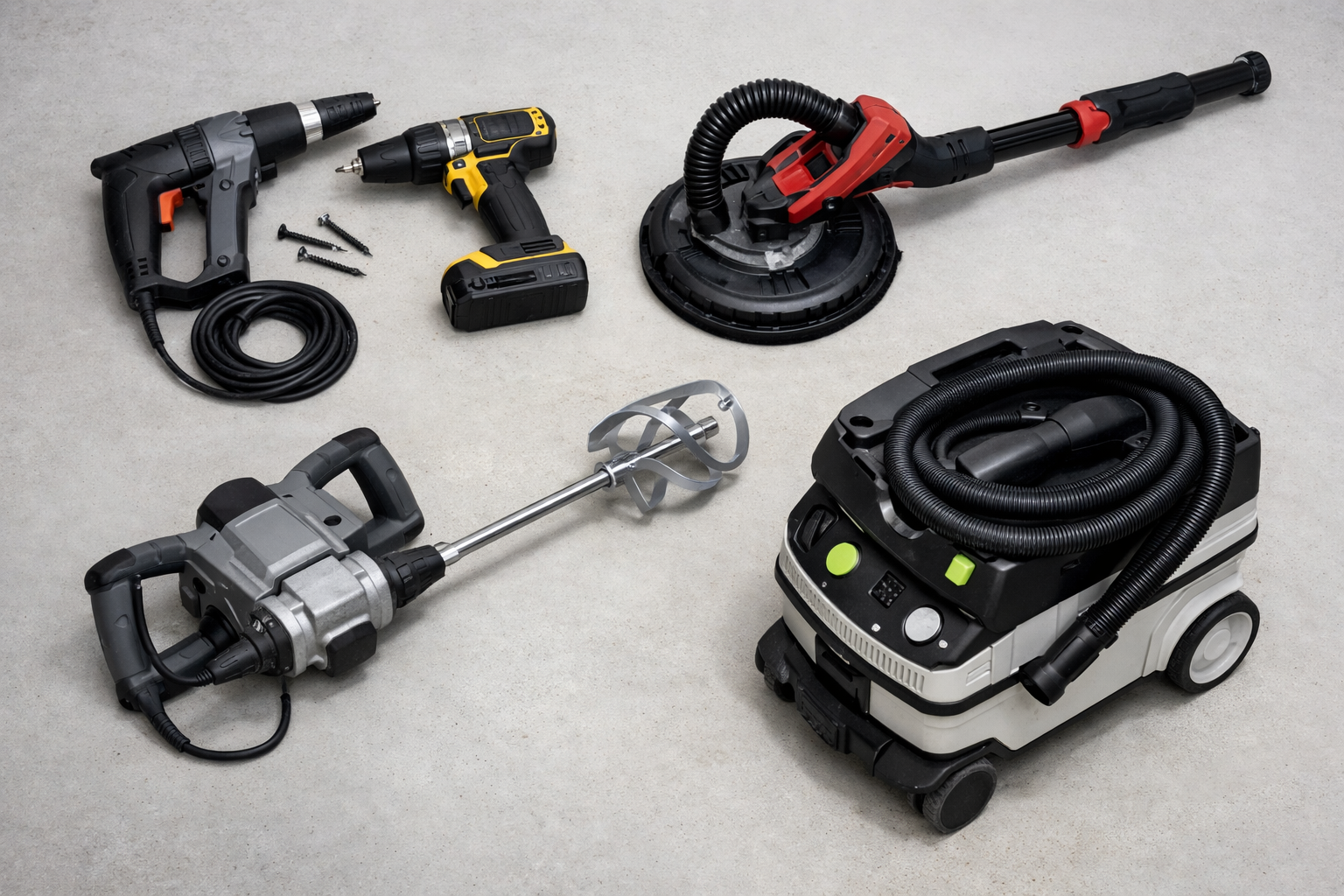 Drywall power tools grouped by budget category including screw gun drill electric sander mixing drill and dust extractor