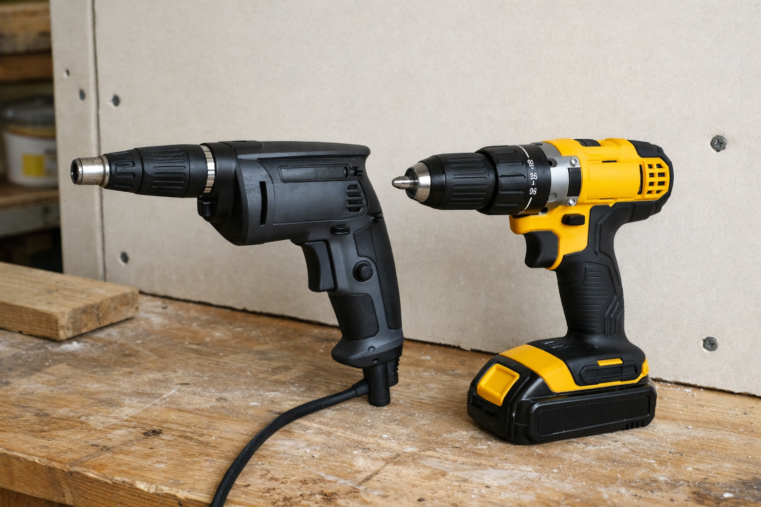 Side by side drywall screw gun and drill driver showing the difference between dedicated fastening and general purpose tools