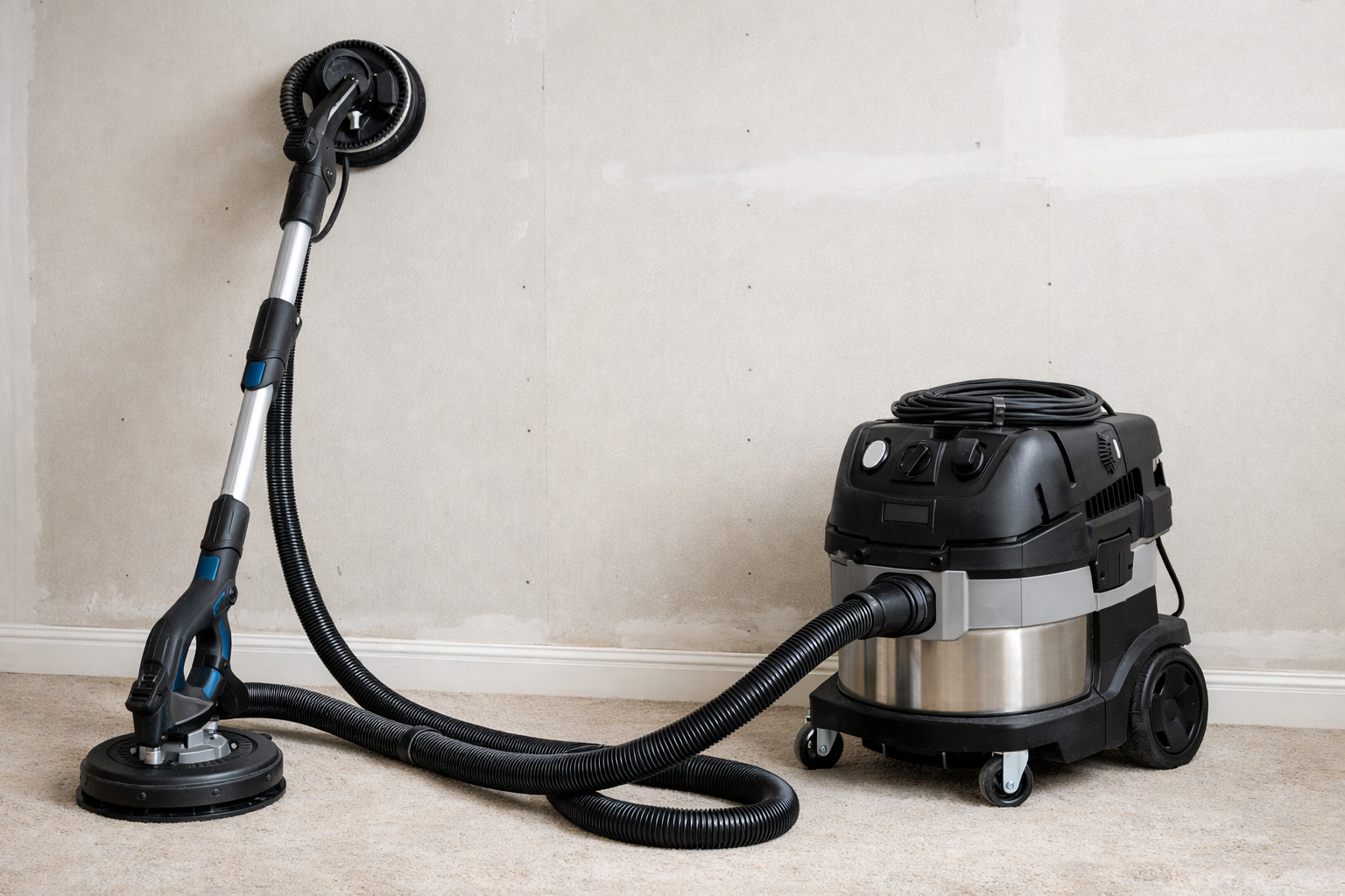 Electric drywall sander connected to a HEPA dust extractor for controlling fine drywall sanding dust on a job site