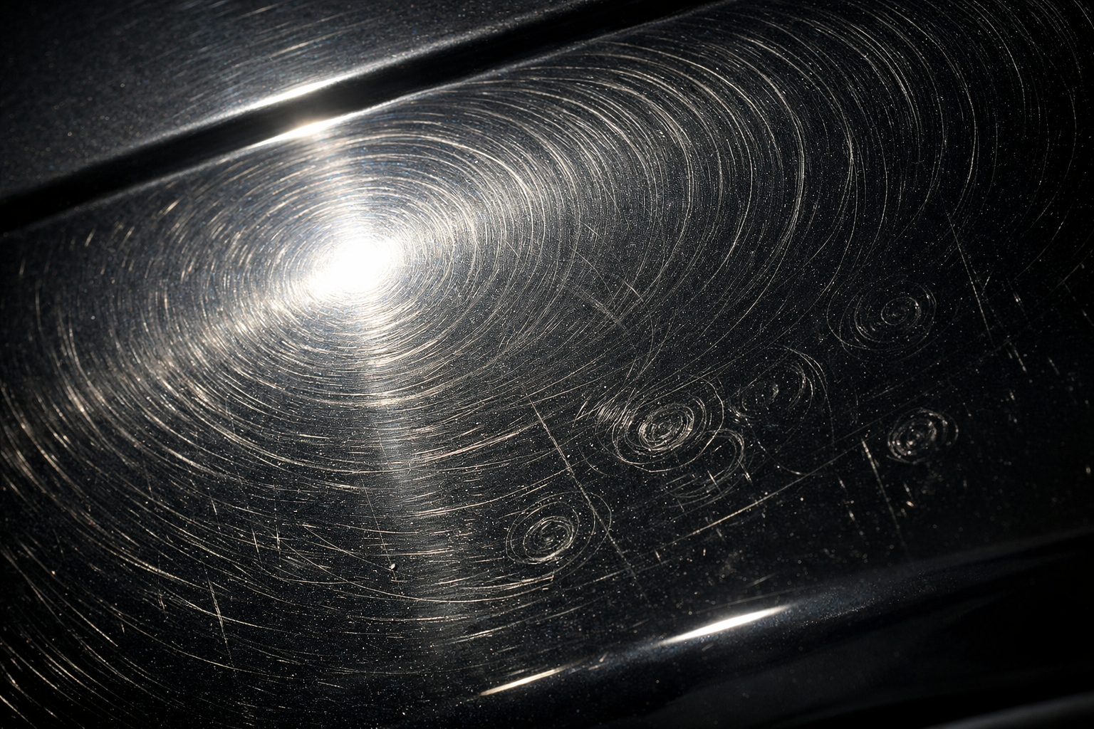 Close up of orbital sander swirl marks and sanding pigtails visible on dark car paint under inspection light