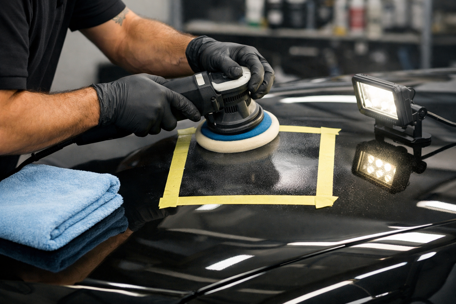 Detailer using a random orbital polisher with foam pad to remove sanding swirl marks from a car panel in controlled sections