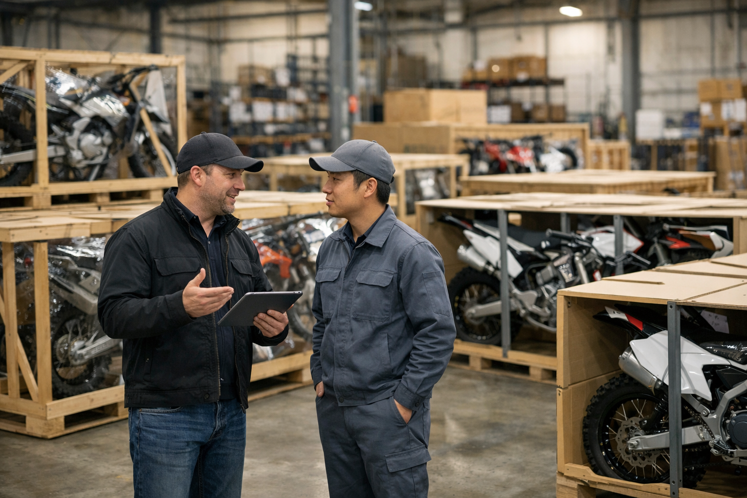 Wholesale dirt bike bulk orders packed in crates in a warehouse while a dealer discusses pricing with the manufacturer